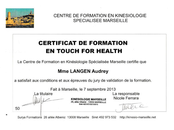 Certificat de formation en touche for health - kinésiologie